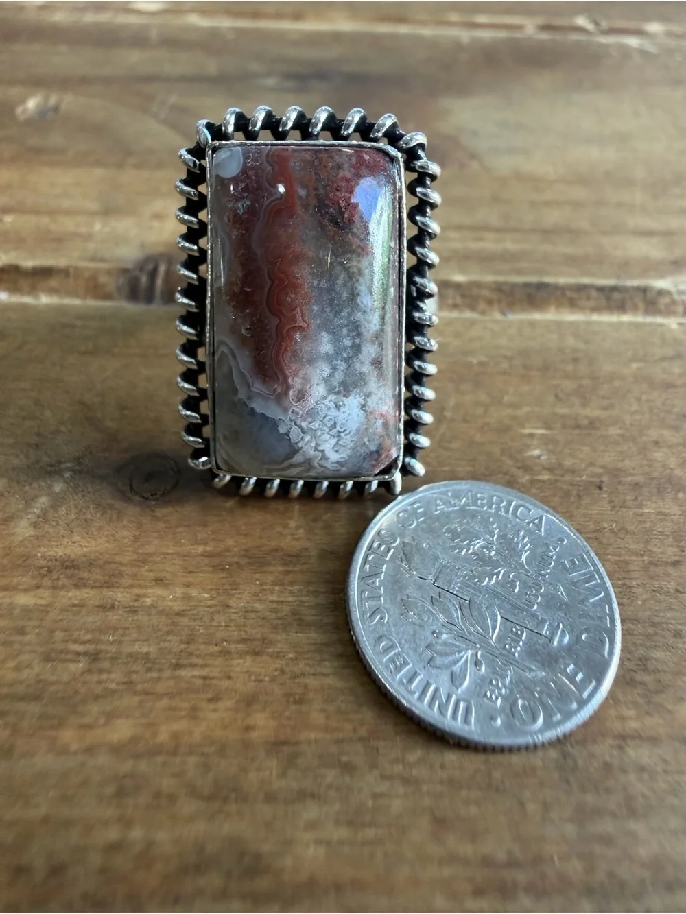 Crazy Lace Agate Stone Crystal Quartz Gemstone Ring Size 8 Silver Plated Native